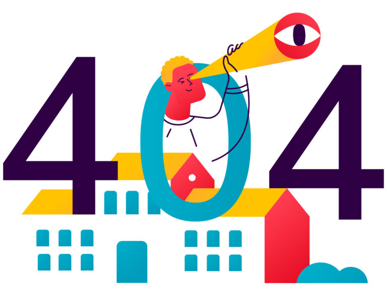 Illustration indiquant le code 404 avec un personnage regardant à travers une longue vue.